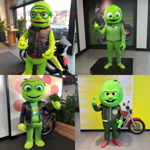 Lime Green Raspberry mascot costume character dressed with Biker Jacket and Headbands