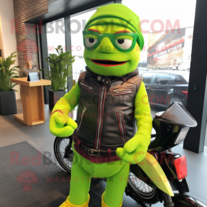 Lime Green Raspberry mascot costume character dressed with Biker Jacket and Headbands