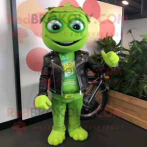 Lime Green Raspberry mascot costume character dressed with Biker Jacket and Headbands