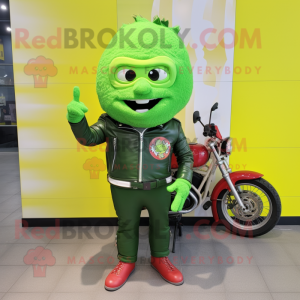 Lime Green Raspberry mascot costume character dressed with Biker Jacket and Headbands