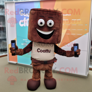 Rust chocolate bars mascot costume character dressed with Corduroy Pants and Smartwatches