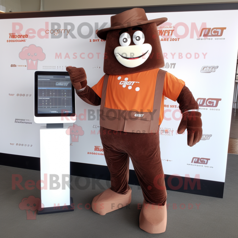 Rust chocolate bars mascot costume character dressed with Corduroy Pants and Smartwatches