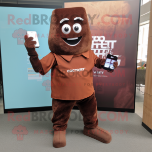 Rust chocolate bars mascot costume character dressed with Corduroy Pants and Smartwatches