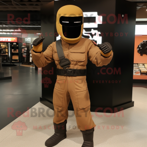 Brown GI Joe mascot costume character dressed with Jumpsuit and Bow ties
