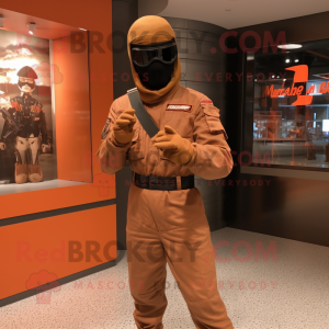 Brown GI Joe mascot costume character dressed with Jumpsuit and Bow ties