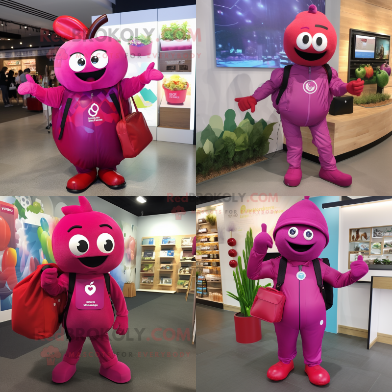 Magenta Plum mascot costume character dressed with Jumpsuit and Messenger bags