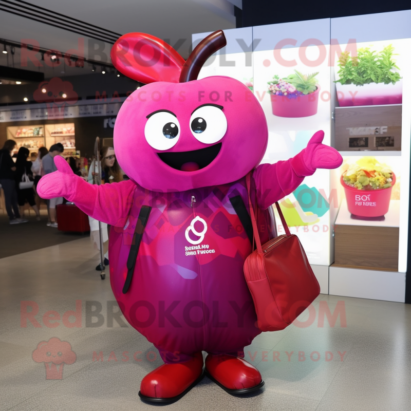 Magenta Plum mascot costume character dressed with Jumpsuit and Messenger bags Magenta Plum mascot costume character dressed with Jumpsuit and Messenger bags
