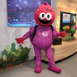Magenta Plum mascot costume character dressed with Jumpsuit and Messenger bags