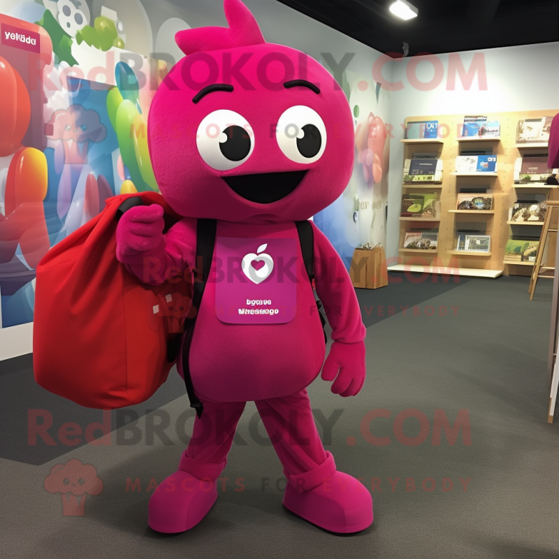 Magenta Plum mascot costume character dressed with Jumpsuit and Messenger bags