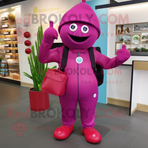 Magenta Plum mascot costume character dressed with Jumpsuit and Messenger bags