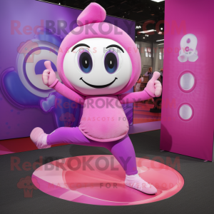 Purple Pink mascot costume character dressed with Yoga Pants and Rings