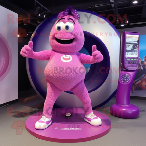 Purple Pink mascot costume character dressed with Yoga Pants and Rings