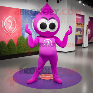 Purple Pink mascot costume character dressed with Yoga Pants and Rings