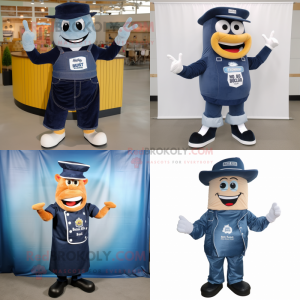 Navy BBQ Ribs mascot costume character dressed with Jeans and Shoe clips