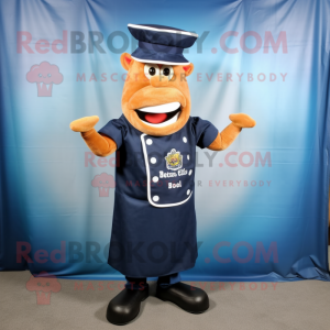 Navy BBQ Ribs mascot costume character dressed with Jeans and Shoe clips