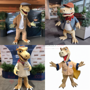 Tan Spinosaurus mascot costume character dressed with Sweatshirt and Pocket squares