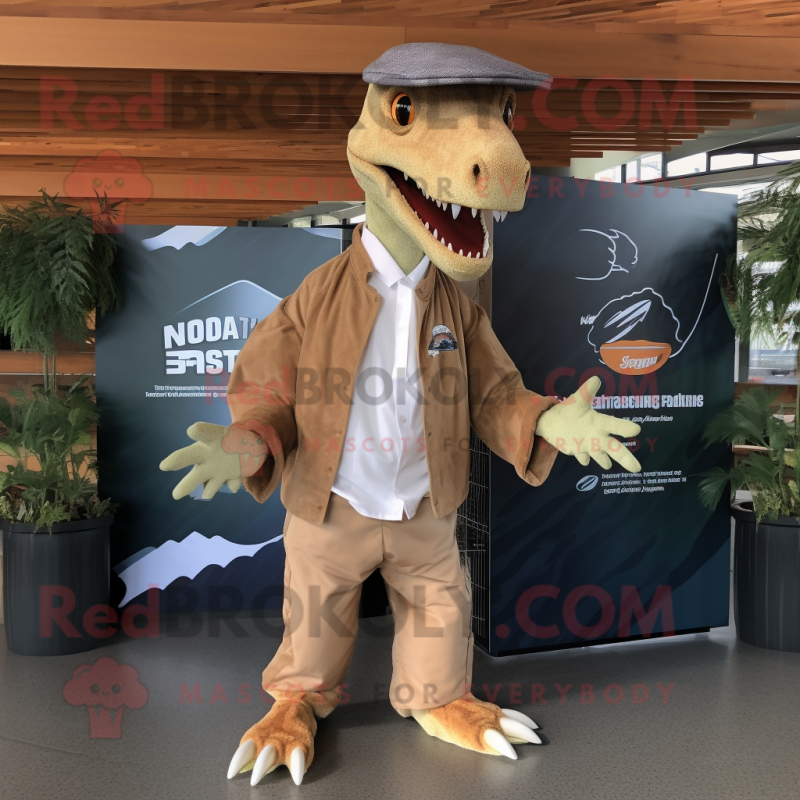 Tan Spinosaurus mascot costume character dressed with Sweatshirt and Pocket squares