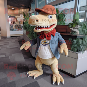 Tan Spinosaurus mascot costume character dressed with Sweatshirt and Pocket squares