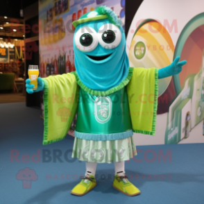 Turquoise green beer mascot costume character dressed with Shorts and Scarf clips