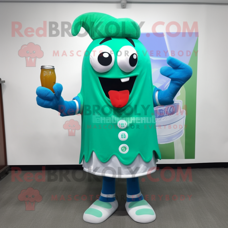Turquoise green beer mascot costume character dressed with Shorts and Scarf clips Turquoise green beer mascot costume character dressed with Shorts and Scarf clips