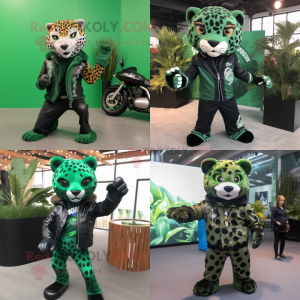 Forest Green Leopard mascot costume character dressed with Moto Jacket and Wraps