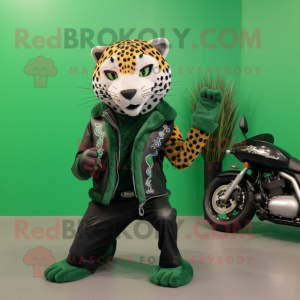 Forest Green Leopard mascot costume character dressed with Moto Jacket and Wraps