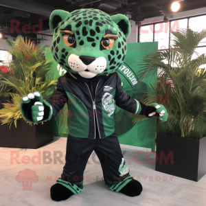 Forest Green Leopard mascot costume character dressed with Moto Jacket and Wraps