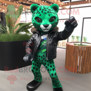 Forest Green Leopard mascot costume character dressed with Moto Jacket and Wraps