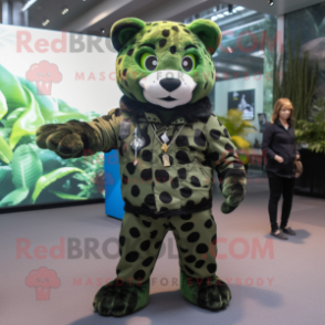 Forest Green Leopard mascot costume character dressed with Moto Jacket and Wraps