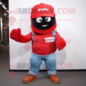 Red Commando mascot costume character dressed with Boyfriend Jeans and Beanies