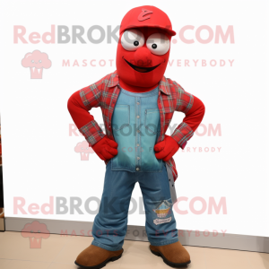 Red Commando mascot costume character dressed with Boyfriend Jeans and Beanies