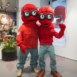 Red Commando mascot costume character dressed with Boyfriend Jeans and Beanies
