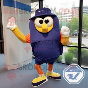 Navy Lasagna mascot costume character dressed with Running Shorts and Messenger bags