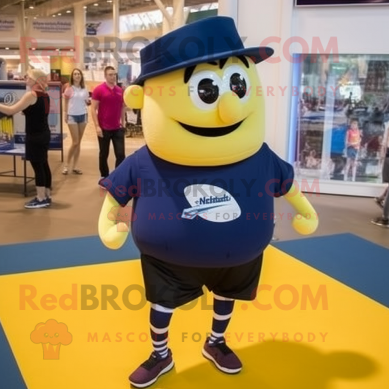 Navy Lasagna mascot costume character dressed with Running Shorts and Messenger bags Navy Lasagna mascot costume character dressed with Running Shorts and Messenger bags