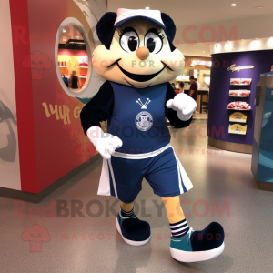 Navy Lasagna mascot costume character dressed with Running Shorts and Messenger bags