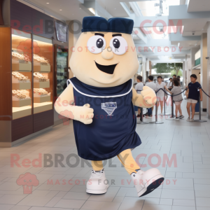 Navy Lasagna mascot costume character dressed with Running Shorts and Messenger bags