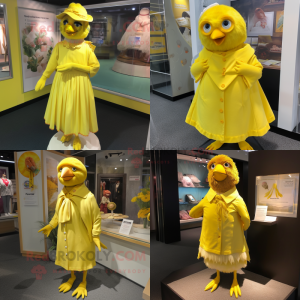 nan Canary mascot costume character dressed with Wrap Dress and Lapel pins