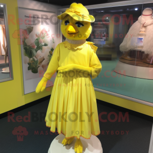 nan Canary mascot costume character dressed with Wrap Dress and Lapel pins