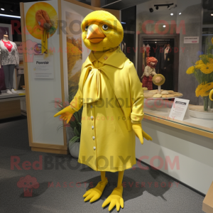 nan Canary mascot costume character dressed with Wrap Dress and Lapel pins