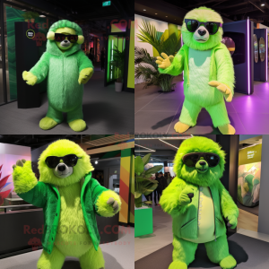 Lime Green Sloth Bear mascot costume character dressed with Coat and Sunglasses
