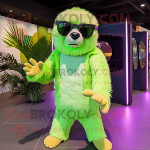 Lime Green Sloth Bear mascot costume character dressed with Coat and Sunglasses