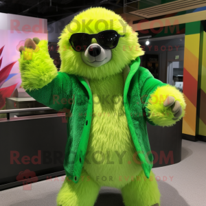 Lime Green Sloth Bear mascot costume character dressed with Coat and Sunglasses