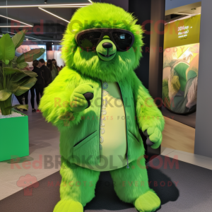 Lime Green Sloth Bear mascot costume character dressed with Coat and Sunglasses