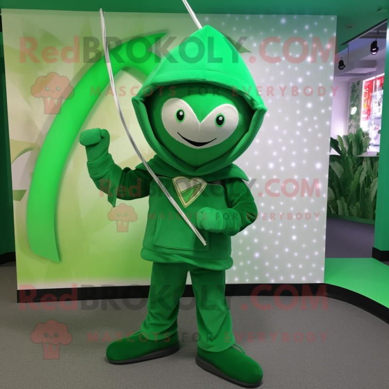 Green arrow of love mascot costume character dressed with Hoodie and Hat pins Green arrow of love mascot costume character dressed with Hoodie and Hat pins