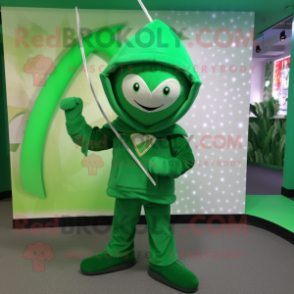 Green arrow of love mascot costume character dressed with Hoodie and Hat pins