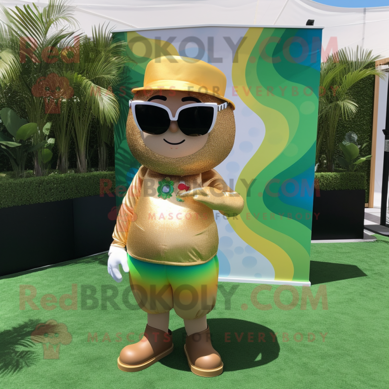 Tan pot of gold mascot costume character dressed with Romper and Sunglasses Tan pot of gold mascot costume character dressed with Romper and Sunglasses