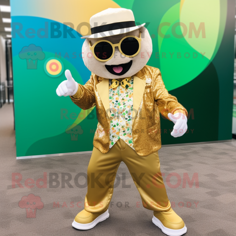 Tan pot of gold mascot costume character dressed with Romper and Sunglasses Tan pot of gold mascot costume character dressed with Romper and Sunglasses