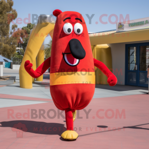 Red hot dog mascot costume character dressed with Running Shorts and Headbands
