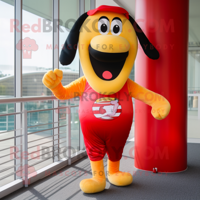 Red hot dog mascot costume character dressed with Running Shorts and Headbands