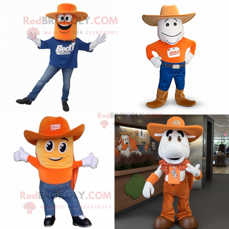 Orange Beef Stroganoff mascot costume character dressed with Bootcut Jeans and Caps